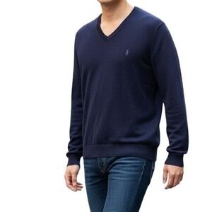 Polo Ralph Lauren V Neck Washable Merino Wool Sweater Navy Blue Men's XL‎